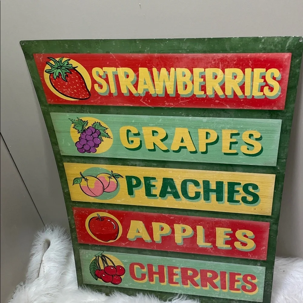 Farmstand Fruit metal Sign - Strawberries Grapes Peaches Apples Cherries